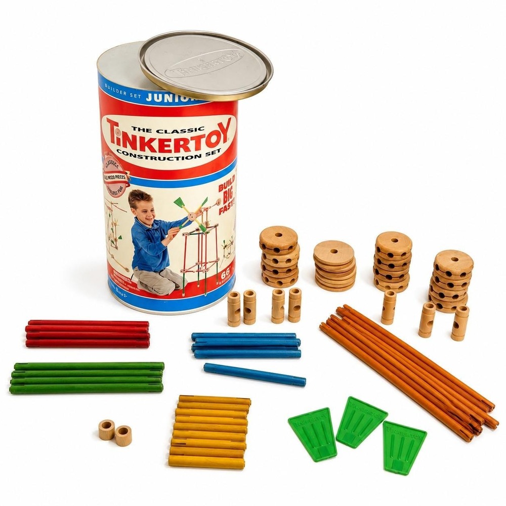 Vintage Tinkertoy Junior Classic Wood Construction Set 57 Piece MISSING 9 PIECES